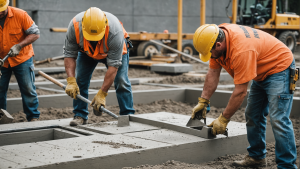 an image showcasing a team of skilled concrete construction workers pouring and leveling concrete for a new foundation. Include a variety of tools and equipment, emphasizing precision and expertise.