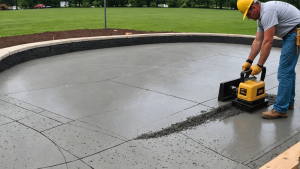 an image showcasing a concrete construction contractor offering services such as foundation pouring, stamped concrete, decorative finishes, and driveway installations. Include workers, tools, and finished projects.