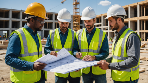 an image showing a diverse group of construction workers discussing plans on a blueprint at a construction site. Include various tools, safety gear, and a mix of residential and commercial construction elements.