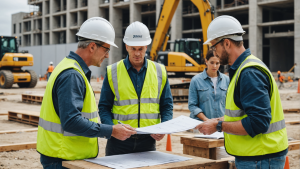 an image of a construction site with a concrete contractor overseeing workers, discussing plans, inspecting materials, and coordinating schedules. Show clear communication, teamwork, and organization for a blog post on effective contractor collaboration.