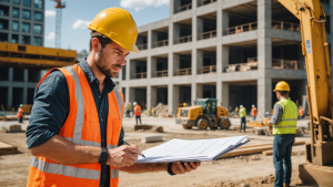 an image of a skilled construction contractor overseeing a team at a busy and organized construction site. Show the contractor evaluating progress, materials, and safety measures.