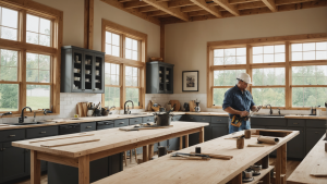 an image of a construction contractor overseeing a team working on a variety of projects: remodeling a kitchen, building a new deck, installing windows, and painting walls.