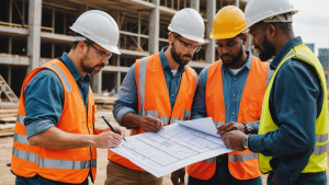 an image of a diverse group of construction contractors discussing plans, with blueprints, tools, safety gear, and a checklist in hand. Emphasize teamwork, expertise, and communication skills.