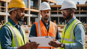 an image of a construction contractor overseeing a diverse team working on a building project, showcasing collaboration, expertise, and efficiency as benefits of working with a contractor.