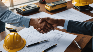 an image showing two individuals shaking hands in front of a blueprint and construction tools. Include a contract document and a pen on a table. Capture the importance of contractor agreements without using any text.