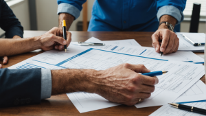 an image showing a handshake between a contractor and a client, with a blueprint, pen, and checklist in the background. Include a calendar, safety gear, and payment terms.