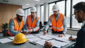 an image showing a diverse group of construction contractors discussing and reviewing a contract together in an office setting. Include a variety of documents, pens, and laptops on the table.