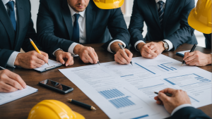 an image depicting a diverse group of contractors reviewing and signing construction contracts with a lawyer present, highlighting key legal considerations such as payment terms, project scope, and dispute resolution.