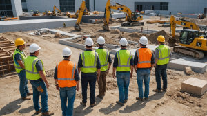 an image showing a construction site with workers in hard hats, equipment, and a variety of construction materials. Include a logo of an insurance company in the corner.