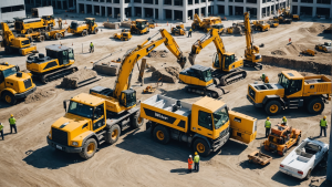 an image of a construction site with workers, equipment, and various scenarios like property damage, worker injury, and equipment breakdown, showcasing different types of coverage available for construction contractor insurance.