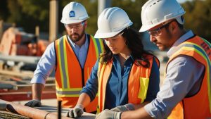 Construction team in Fayetteville, Arkansas, collaborating on-site, wearing hard hats and safety vests for a project in progress.