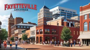 Scenic view of downtown Fayetteville, Arkansas, with vibrant architecture, storefronts, and tree-lined streets.