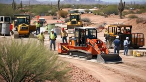 Construction workers operating heavy machinery on a site in Marana, Arizona, surrounded by desert vegetation and scenic mountains.