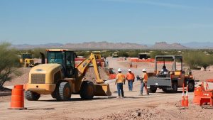 Road construction crew working with equipment on a desert project in Marana, Arizona, with expansive mountain views in the background.