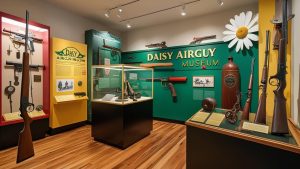 Exhibit at the Daisy Airgun Museum in Rogers, Arkansas, featuring historic airguns, informational displays, and artifacts showcasing the city's iconic airgun manufacturing legacy.