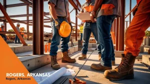 Construction workers and engineers collaborating on a structural project in Rogers, Arkansas, with detailed plans and safety gear at a modern job site.