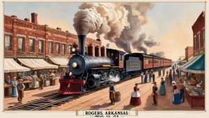 A historic steam locomotive at the Rogers, Arkansas train station, capturing the vibrant downtown scene from the early 20th century with market stalls and residents.