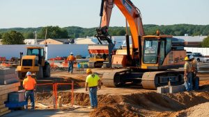 Construction crew working on a large-scale development site in Rogers, Arkansas, showcasing heavy machinery and teamwork under sunny skies