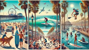 vibrant image depicting the diverse activities in Oceanside, California, with surfers, cyclists, paddleboarders, and beachgoers all enjoying the sunny coastal atmosphere.