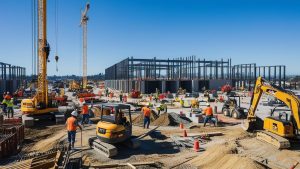 Active construction in Alameda, California, with workers and machinery assembling foundations and walls, emphasizing the role of bid and performance bonds in project management.