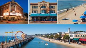 A collage of Alameda, California’s landmarks, including the historic theater, sandy beaches, and scenic boardwalk, portraying the city’s vibrant culture and infrastructure development supported by performance bonds.