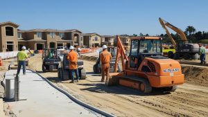 Construction workers operating heavy equipment on a residential development site in Aliso Viejo, California, showcasing infrastructure growth and progress in the area.