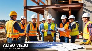 Construction team discussing blueprints at a job site in Aliso Viejo, California, emphasizing teamwork and planning in the local construction industry.