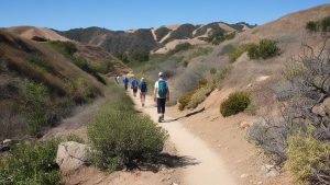 Hikers exploring a scenic trail in Aliso Viejo, California, surrounded by rolling hills and natural beauty, perfect for outdoor enthusiasts.