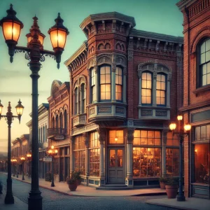 an image of historic buildings in Antioch, CA, showcasing the architectural style of the early 20th century. Include elements like vintage street lamps, brick facades, and ornate detailing.