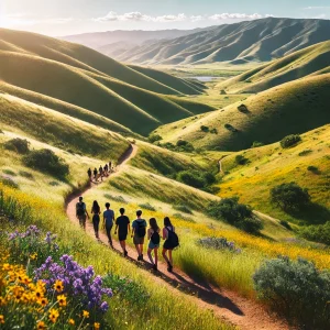 an image of a group of friends hiking along the rolling hills of Black Diamond Mines Regional Preserve in Antioch, CA. Include a clear blue sky, vibrant wildflowers, and a winding trail.