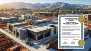 Performance bond documents displayed in front of an active Apple Valley construction site with trucks and materials, highlighting the importance of bonding in large-scale development projects.