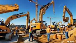 Construction site in Arcadia, California featuring workers operating heavy machinery like excavators and cranes under a clear blue sky.