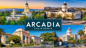 Collage of iconic architectural landmarks in Arcadia, California, including government buildings and scenic city views.