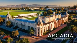 Santa Anita Park in Arcadia, California, showcasing its grand architecture, green racetrack, and beautiful surrounding landscape during sunset.