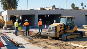 Construction workers in safety gear collaborate on a project in Azusa, California, surrounded by heavy machinery and modern buildings under development.