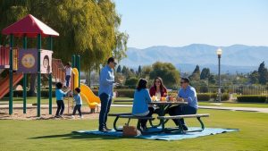 A scenic park in Azusa, California, where families gather for a picnic near a playground with a backdrop of the San Gabriel Mountains.