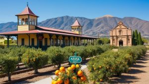 A historic train depot surrounded by lush orange groves in Azusa, California, with the San Gabriel Mountains providing a picturesque background.