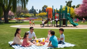 Families enjoying a sunny day at a park in Baldwin Park, California, with children playing on a colorful playground and adults having a picnic on the grass.