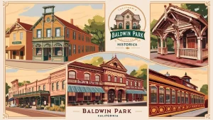 Vintage-style collage of historic landmarks in Baldwin Park, California, showcasing the city's cultural and architectural heritage.