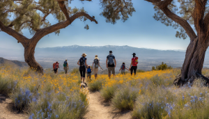 Group of hikers enjoying a scenic trail in Beaumont, California, with wildflowers and a stunning mountain backdrop, showcasing the city's natural beauty.