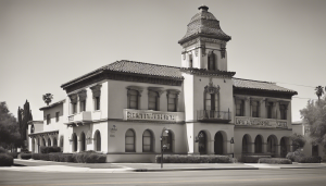 Historic municipal building in Bell Gardens, California, showcasing Spanish colonial architecture with a central tower, arches, and intricate details.