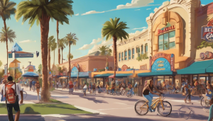 Vibrant downtown scene in Bell Gardens, California, featuring palm trees, cyclists, pedestrians, and a colorful street lined with shops and cafes.