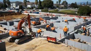 Construction workers on a construction site in Bellflower, California, working with heavy machinery and preparing foundations for a building project.