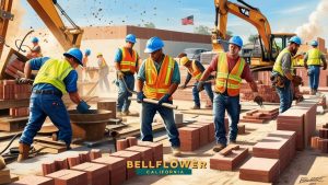 Construction workers laying bricks on a building site in Bellflower, California, showcasing teamwork and the construction process in action.