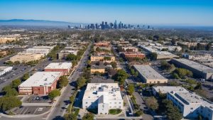 Aerial view of Bellflower, California, with commercial buildings and palm trees lining the streets, showcasing the city's urban landscape.