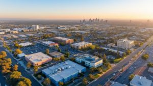 Aerial view of Bellflower, California, with a clear view of the city skyline and surrounding infrastructure during sunset, capturing the city’s expansive layout.