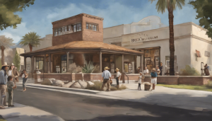 The Brea Museum and cultural landmark in Brea, California, with visitors exploring local history surrounded by classic architecture and palm trees.