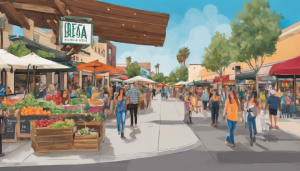 Bustling downtown Brea, California, featuring a vibrant farmers market with fresh produce stands, colorful umbrellas, and shoppers enjoying the lively atmosphere.