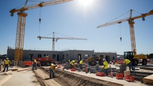 Construction site in Brentwood, California, featuring cranes, construction workers, and equipment actively building a large commercial structure under bright daylight.