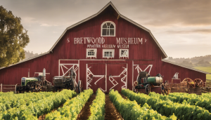 an image of the iconic Brentwood Agricultural Museum, showcasing the historic barns, vintage farming equipment, and lush orchards. Include a glimpse of the sprawling vineyards and rolling hills in the background.